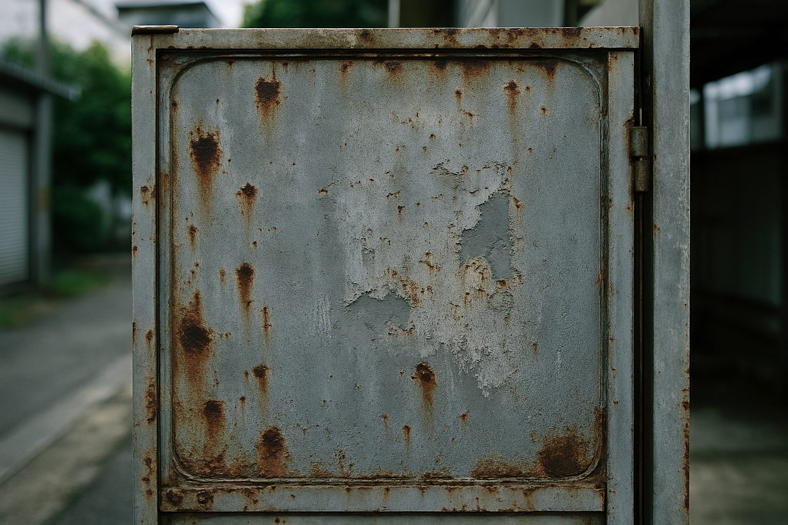 Photorealistic close-up documentary photograph of a Japanese cubicle door panel 