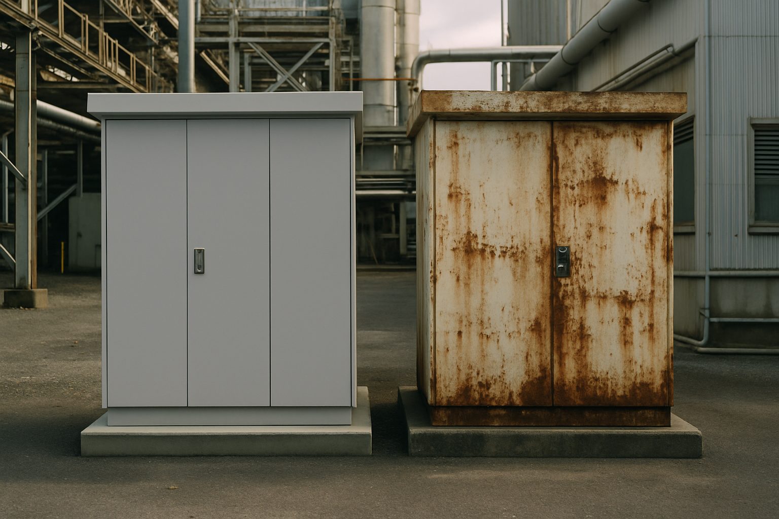 Photorealistic documentary photograph comparing two Japanese cubicles installed 