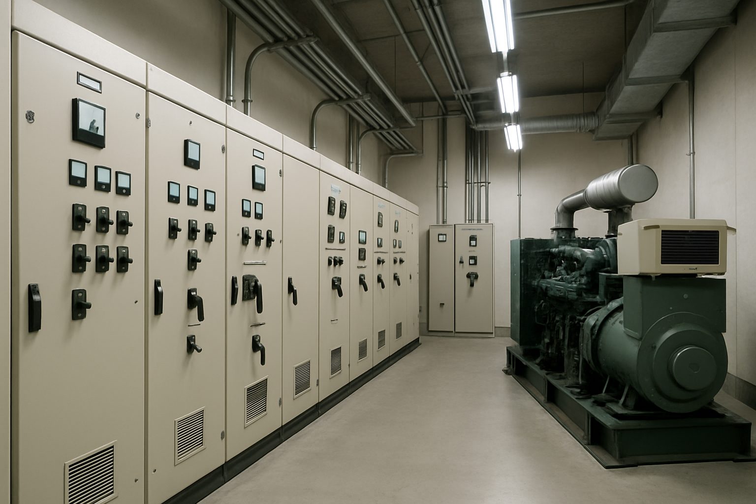 Photorealistic documentary photograph showing the interior view of an industrial