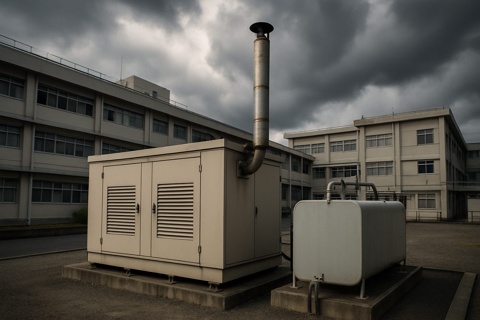Photorealistic documentary photograph of a large industrial backup power generat