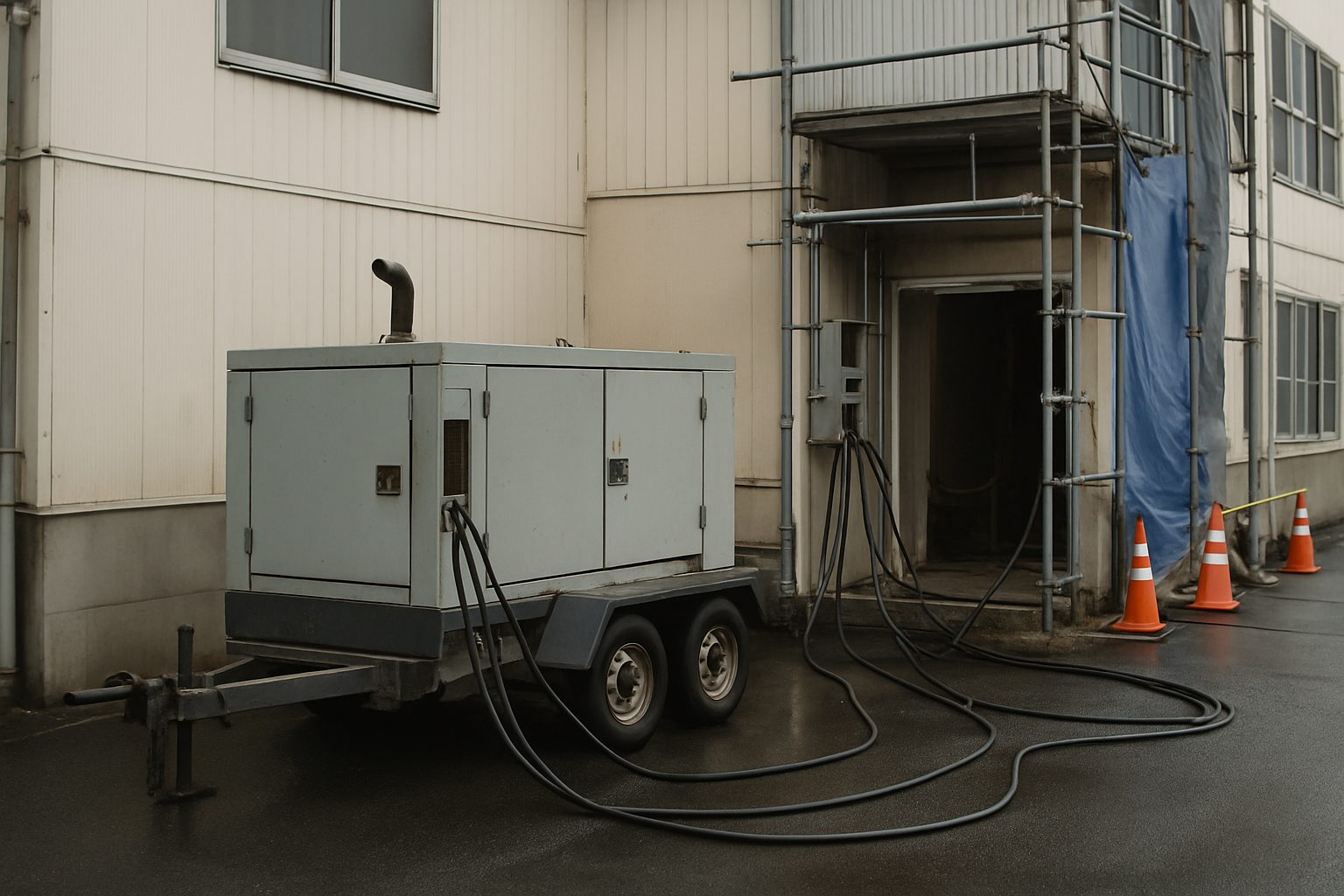 Photorealistic documentary photograph showing a temporary mobile power generator